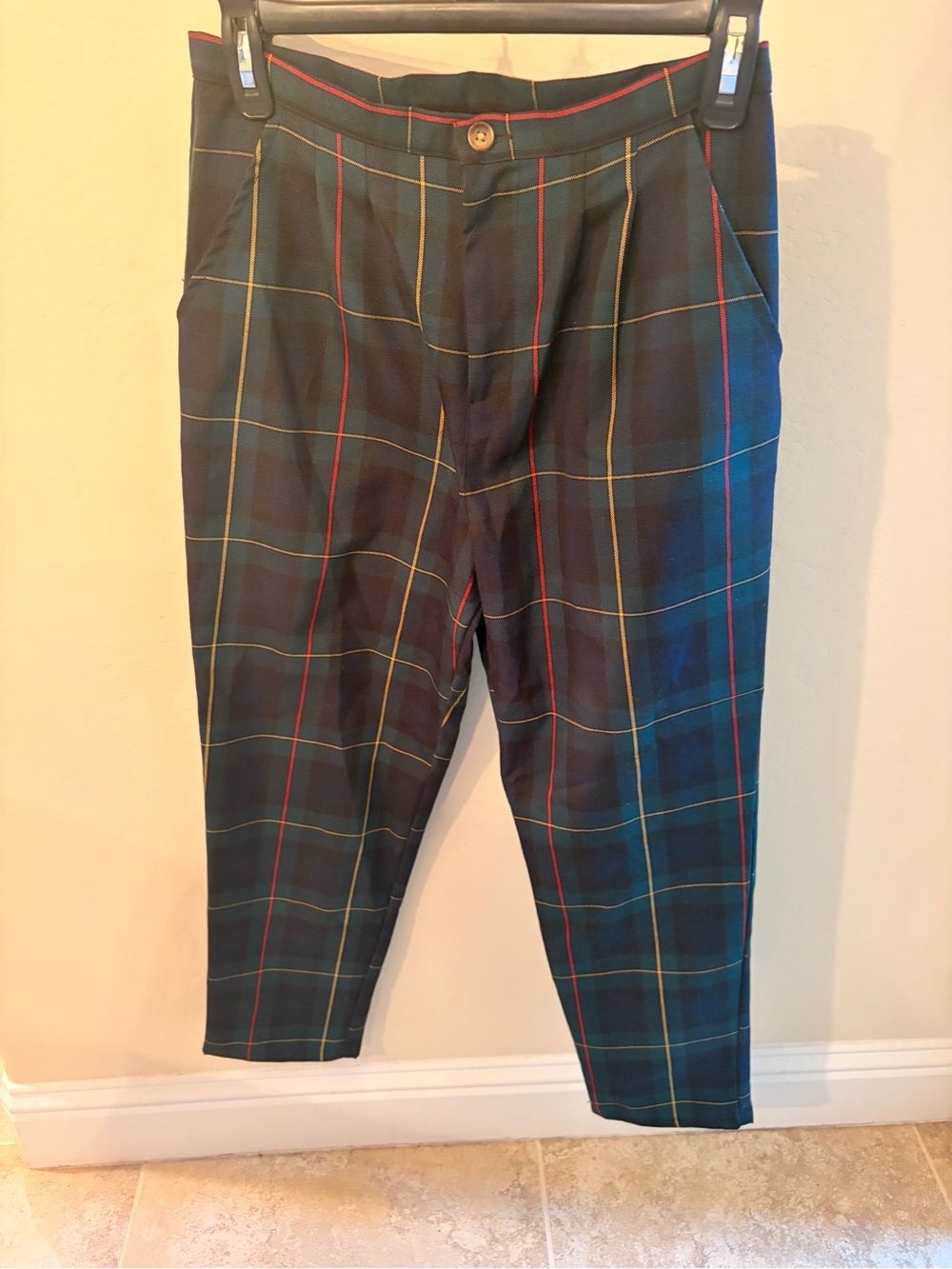 Urban Outfitters Men's Green Plaid Dress Pants with Red & Yellow Windowpane